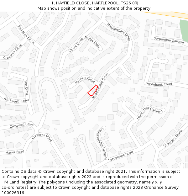 1, HAYFIELD CLOSE, HARTLEPOOL, TS26 0RJ: Location map and indicative extent of plot