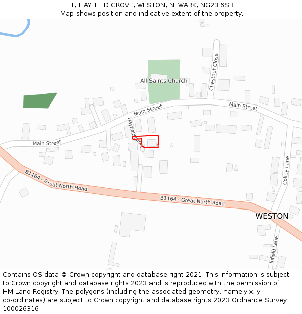 1, HAYFIELD GROVE, WESTON, NEWARK, NG23 6SB: Location map and indicative extent of plot