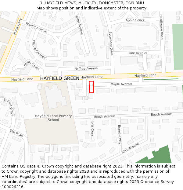 1, HAYFIELD MEWS, AUCKLEY, DONCASTER, DN9 3NU: Location map and indicative extent of plot