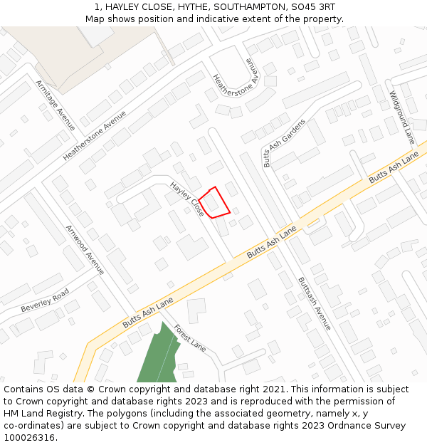 1, HAYLEY CLOSE, HYTHE, SOUTHAMPTON, SO45 3RT: Location map and indicative extent of plot