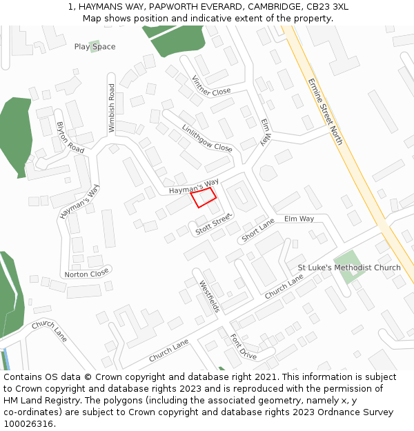 1, HAYMANS WAY, PAPWORTH EVERARD, CAMBRIDGE, CB23 3XL: Location map and indicative extent of plot
