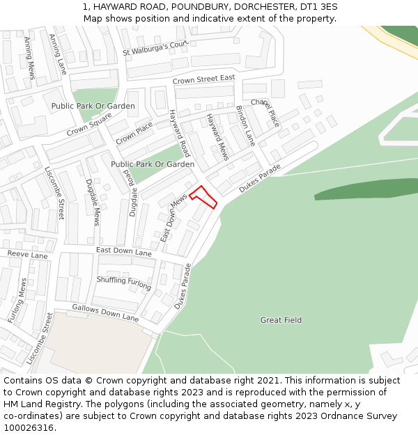 1, HAYWARD ROAD, POUNDBURY, DORCHESTER, DT1 3ES: Location map and indicative extent of plot