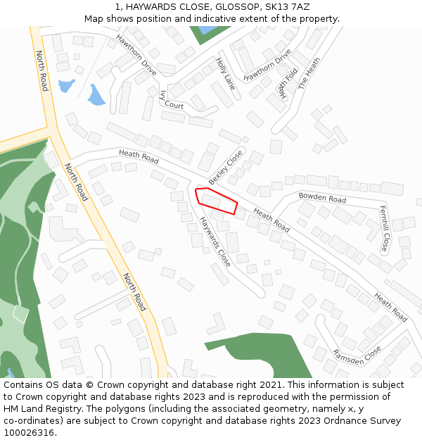1, HAYWARDS CLOSE, GLOSSOP, SK13 7AZ: Location map and indicative extent of plot