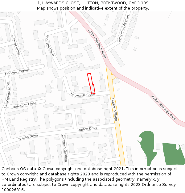 1, HAYWARDS CLOSE, HUTTON, BRENTWOOD, CM13 1RS: Location map and indicative extent of plot