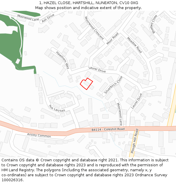 1, HAZEL CLOSE, HARTSHILL, NUNEATON, CV10 0XG: Location map and indicative extent of plot