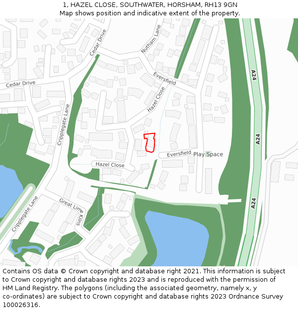 1, HAZEL CLOSE, SOUTHWATER, HORSHAM, RH13 9GN: Location map and indicative extent of plot