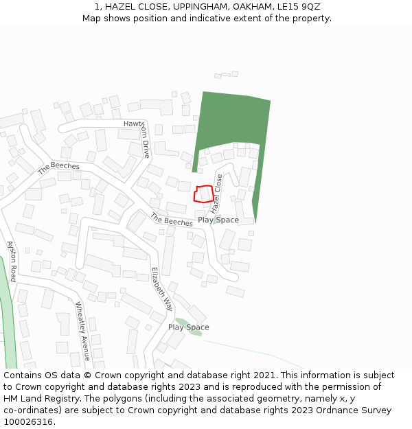 1, HAZEL CLOSE, UPPINGHAM, OAKHAM, LE15 9QZ: Location map and indicative extent of plot
