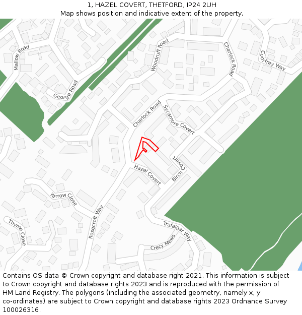 1, HAZEL COVERT, THETFORD, IP24 2UH: Location map and indicative extent of plot