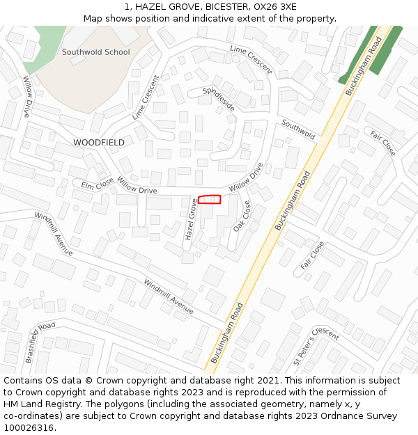 1, HAZEL GROVE, BICESTER, OX26 3XE: Location map and indicative extent of plot