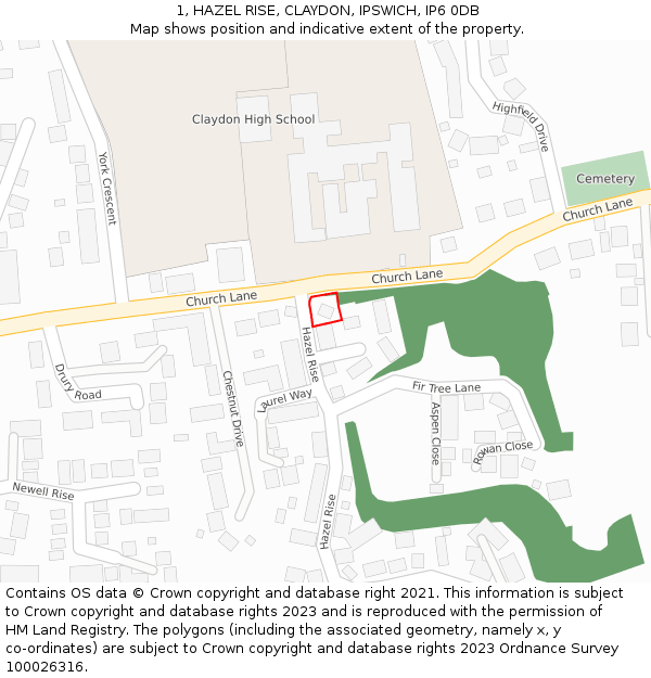 1, HAZEL RISE, CLAYDON, IPSWICH, IP6 0DB: Location map and indicative extent of plot