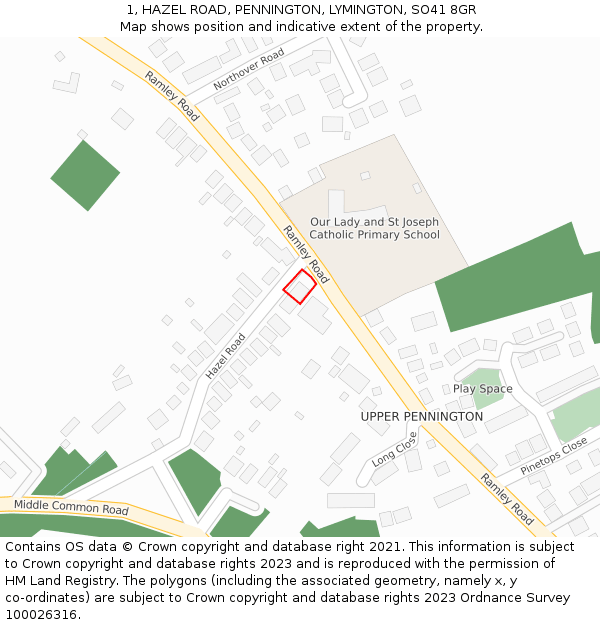 1, HAZEL ROAD, PENNINGTON, LYMINGTON, SO41 8GR: Location map and indicative extent of plot