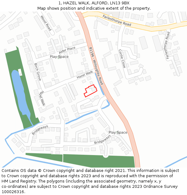 1, HAZEL WALK, ALFORD, LN13 9BX: Location map and indicative extent of plot