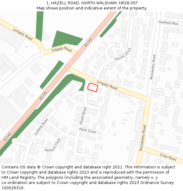 1, HAZELL ROAD, NORTH WALSHAM, NR28 0ST: Location map and indicative extent of plot
