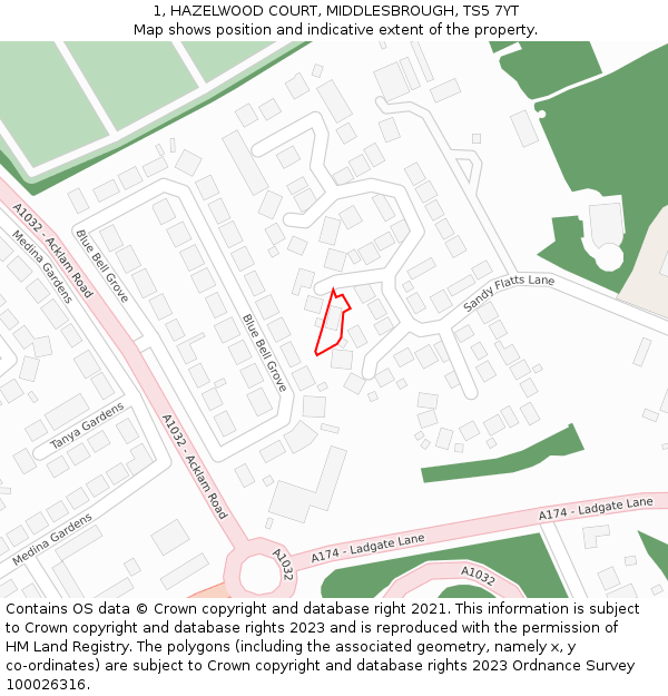 1, HAZELWOOD COURT, MIDDLESBROUGH, TS5 7YT: Location map and indicative extent of plot