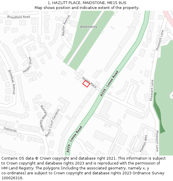 1, HAZLITT PLACE, MAIDSTONE, ME15 9US: Location map and indicative extent of plot