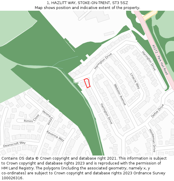 1, HAZLITT WAY, STOKE-ON-TRENT, ST3 5SZ: Location map and indicative extent of plot