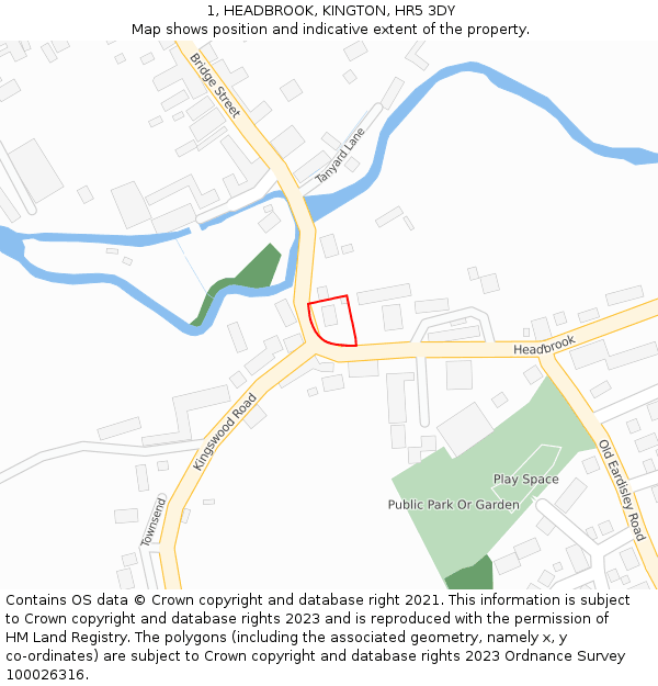 1, HEADBROOK, KINGTON, HR5 3DY: Location map and indicative extent of plot