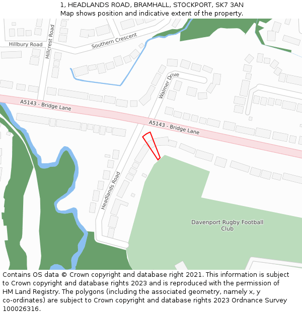 1, HEADLANDS ROAD, BRAMHALL, STOCKPORT, SK7 3AN: Location map and indicative extent of plot