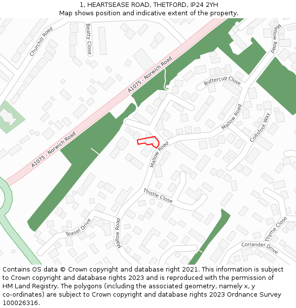 1, HEARTSEASE ROAD, THETFORD, IP24 2YH: Location map and indicative extent of plot