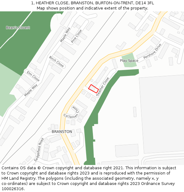 1, HEATHER CLOSE, BRANSTON, BURTON-ON-TRENT, DE14 3FL: Location map and indicative extent of plot