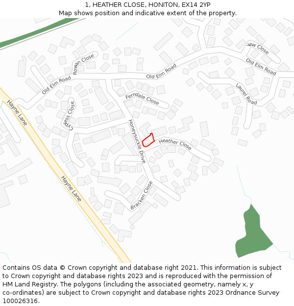 1, HEATHER CLOSE, HONITON, EX14 2YP: Location map and indicative extent of plot