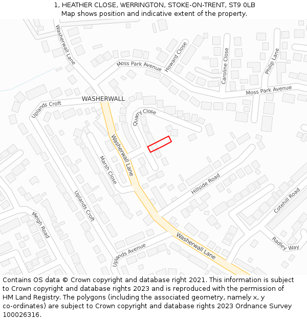 1, HEATHER CLOSE, WERRINGTON, STOKE-ON-TRENT, ST9 0LB: Location map and indicative extent of plot