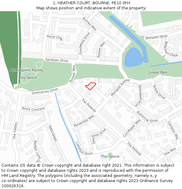 1, HEATHER COURT, BOURNE, PE10 0FH: Location map and indicative extent of plot