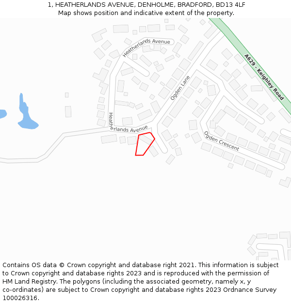 1, HEATHERLANDS AVENUE, DENHOLME, BRADFORD, BD13 4LF: Location map and indicative extent of plot