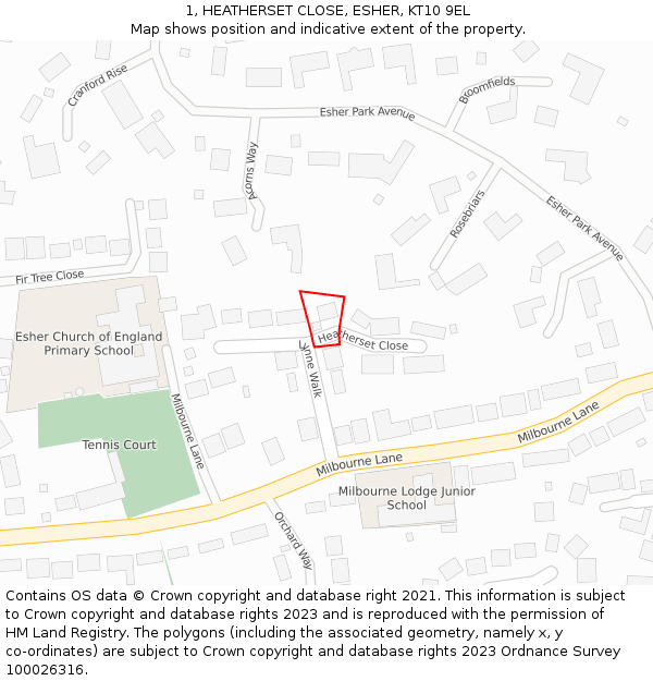 1, HEATHERSET CLOSE, ESHER, KT10 9EL: Location map and indicative extent of plot