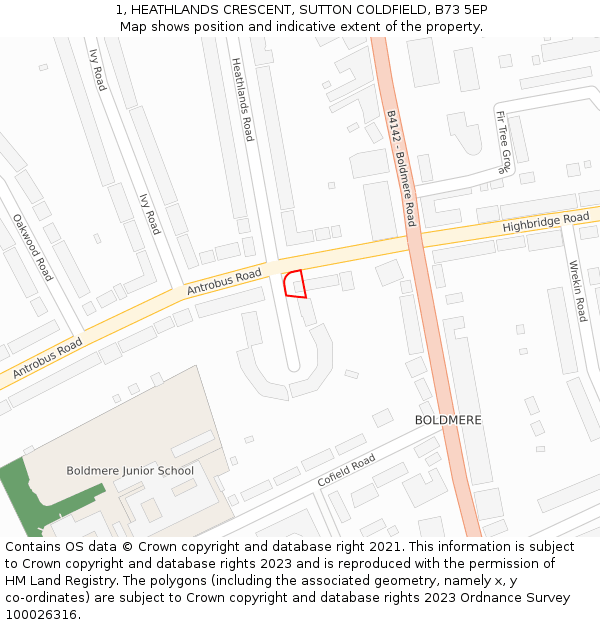 1, HEATHLANDS CRESCENT, SUTTON COLDFIELD, B73 5EP: Location map and indicative extent of plot