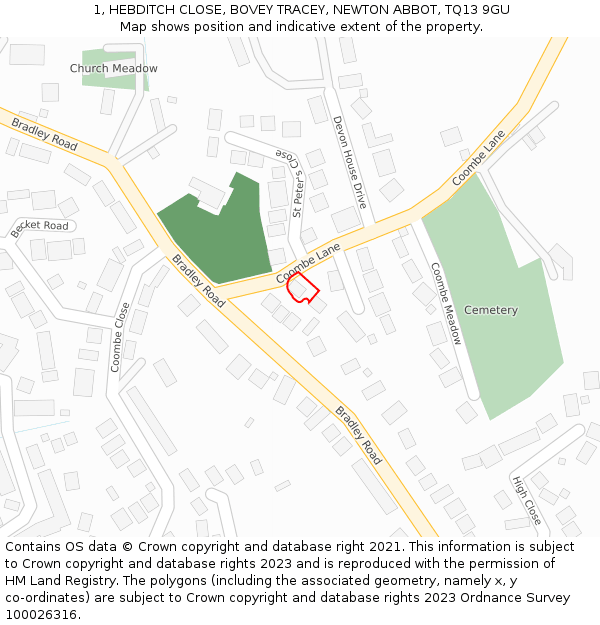 1, HEBDITCH CLOSE, BOVEY TRACEY, NEWTON ABBOT, TQ13 9GU: Location map and indicative extent of plot