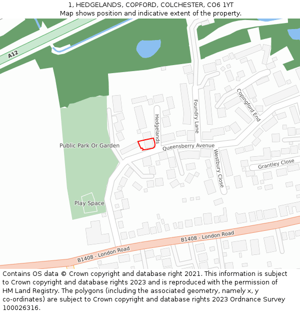 1, HEDGELANDS, COPFORD, COLCHESTER, CO6 1YT: Location map and indicative extent of plot