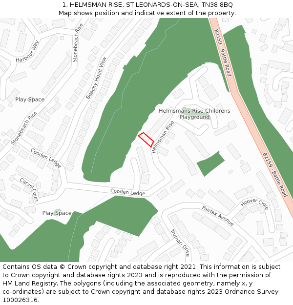 1, HELMSMAN RISE, ST LEONARDS-ON-SEA, TN38 8BQ: Location map and indicative extent of plot