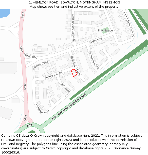 1, HEMLOCK ROAD, EDWALTON, NOTTINGHAM, NG12 4GG: Location map and indicative extent of plot