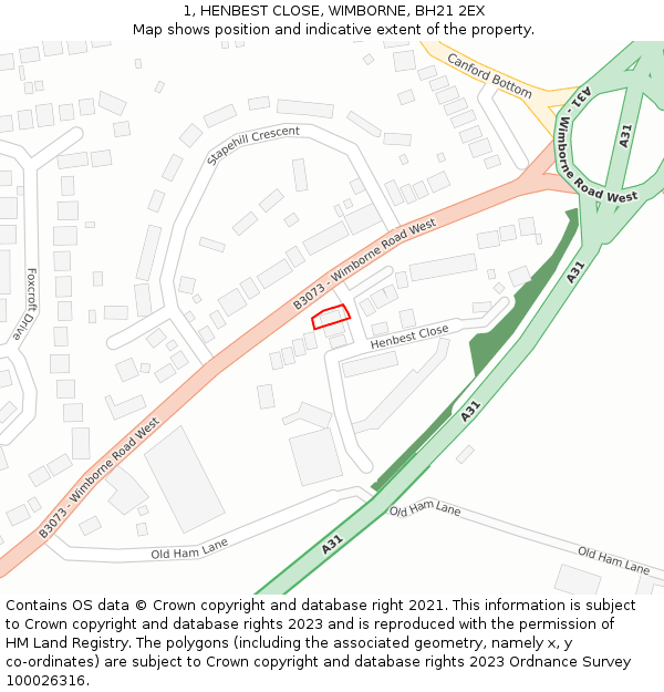 1, HENBEST CLOSE, WIMBORNE, BH21 2EX: Location map and indicative extent of plot