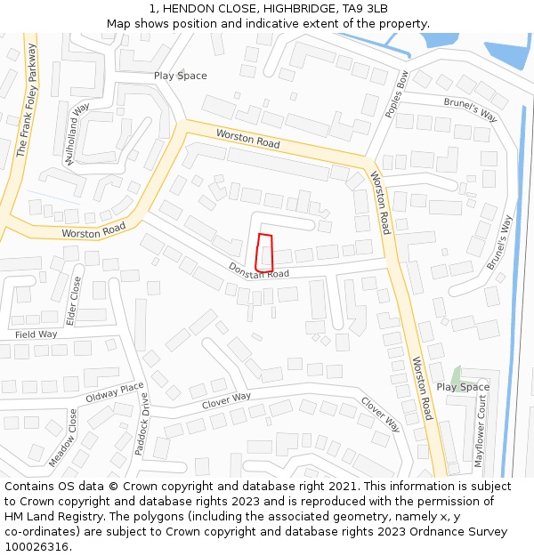 1, HENDON CLOSE, HIGHBRIDGE, TA9 3LB: Location map and indicative extent of plot