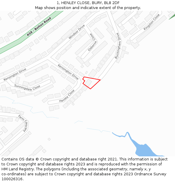 1, HENLEY CLOSE, BURY, BL8 2DF: Location map and indicative extent of plot