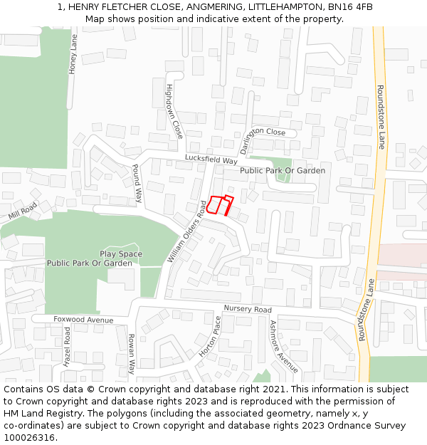 1, HENRY FLETCHER CLOSE, ANGMERING, LITTLEHAMPTON, BN16 4FB: Location map and indicative extent of plot