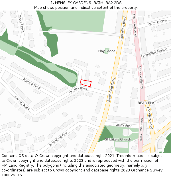 1, HENSLEY GARDENS, BATH, BA2 2DS: Location map and indicative extent of plot