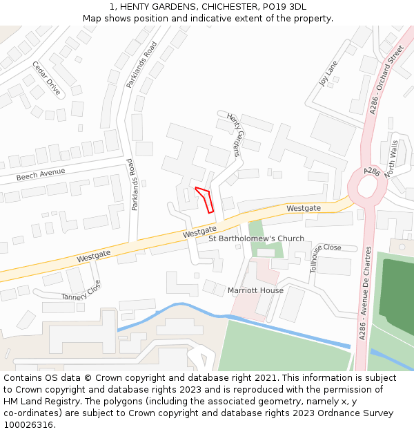 1, HENTY GARDENS, CHICHESTER, PO19 3DL: Location map and indicative extent of plot