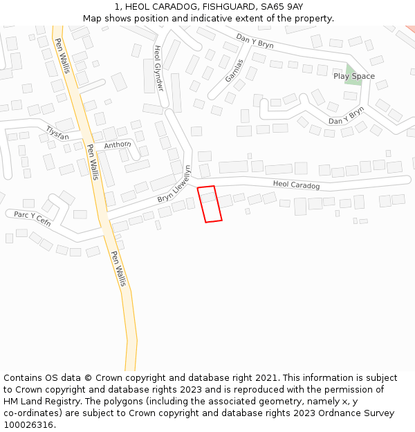 1, HEOL CARADOG, FISHGUARD, SA65 9AY: Location map and indicative extent of plot