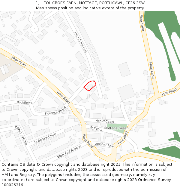 1, HEOL CROES FAEN, NOTTAGE, PORTHCAWL, CF36 3SW: Location map and indicative extent of plot