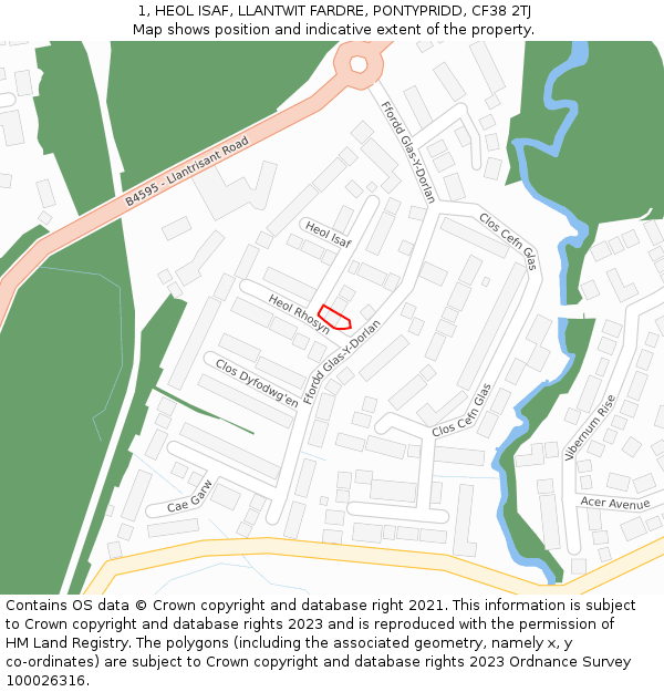 1, HEOL ISAF, LLANTWIT FARDRE, PONTYPRIDD, CF38 2TJ: Location map and indicative extent of plot