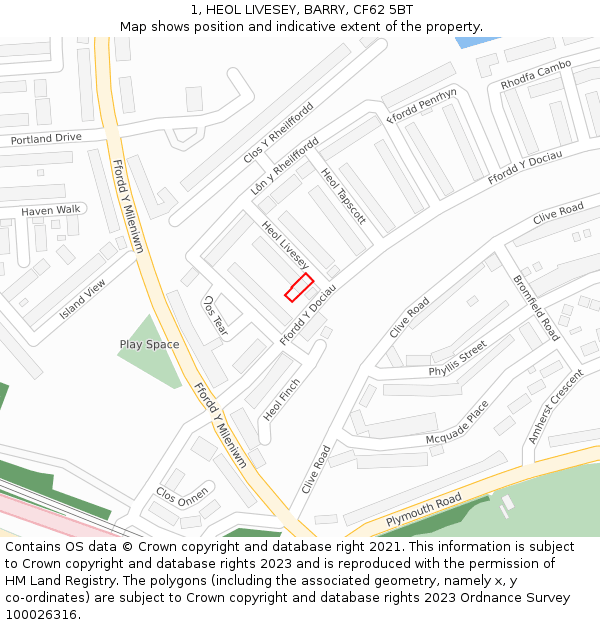 1, HEOL LIVESEY, BARRY, CF62 5BT: Location map and indicative extent of plot