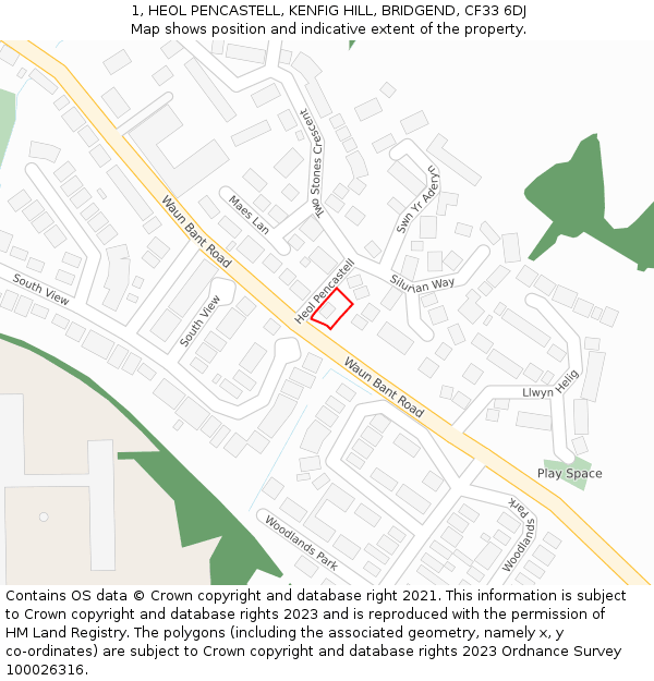 1, HEOL PENCASTELL, KENFIG HILL, BRIDGEND, CF33 6DJ: Location map and indicative extent of plot