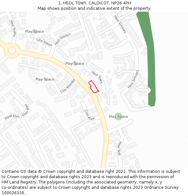1, HEOL TOWY, CALDICOT, NP26 4PH: Location map and indicative extent of plot