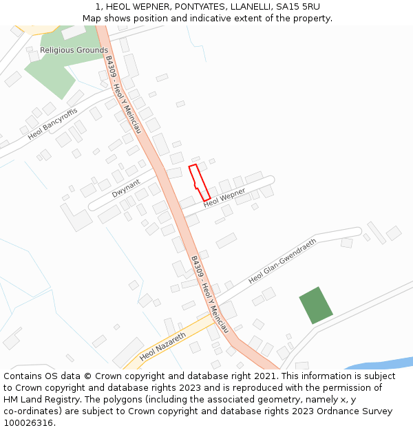 1, HEOL WEPNER, PONTYATES, LLANELLI, SA15 5RU: Location map and indicative extent of plot