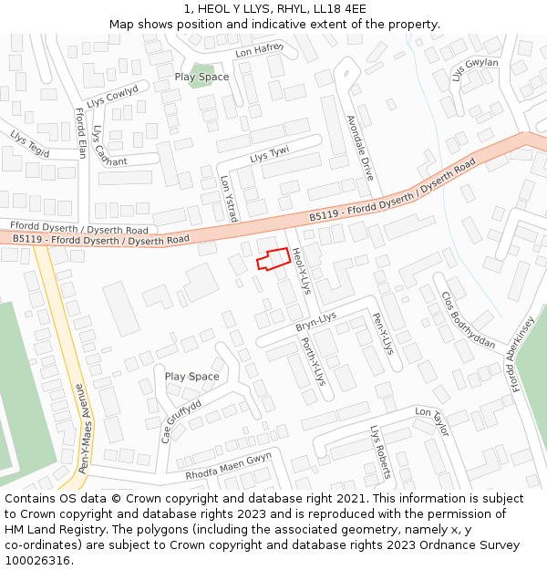 1, HEOL Y LLYS, RHYL, LL18 4EE: Location map and indicative extent of plot