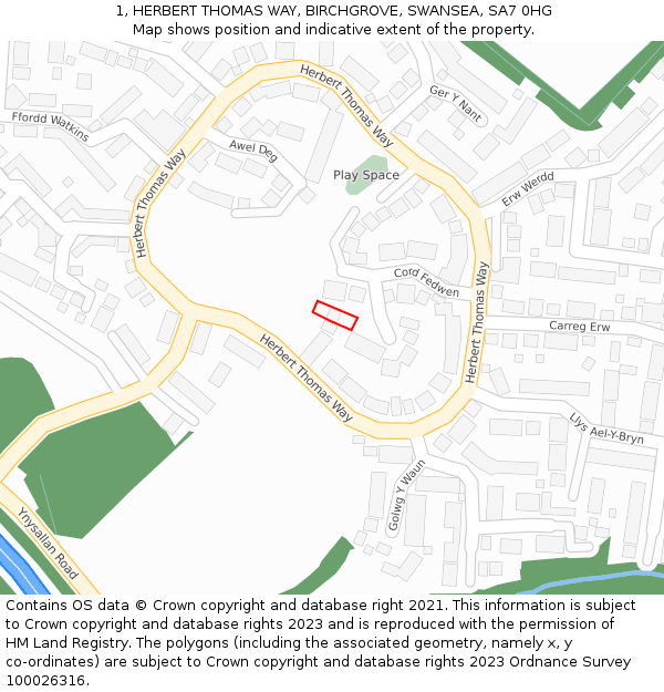 1, HERBERT THOMAS WAY, BIRCHGROVE, SWANSEA, SA7 0HG: Location map and indicative extent of plot