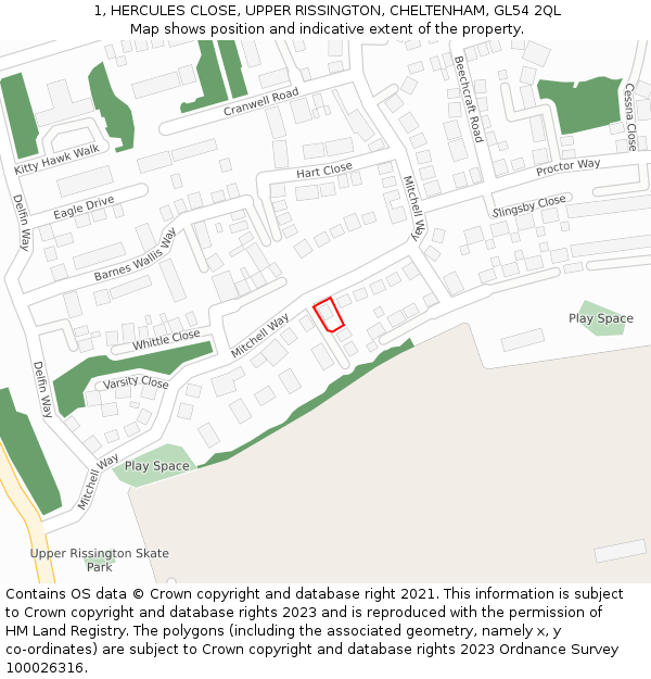 1, HERCULES CLOSE, UPPER RISSINGTON, CHELTENHAM, GL54 2QL: Location map and indicative extent of plot